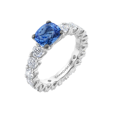 Помолвочное кольцо с сапфиром и бриллиантами, белое золото 1
