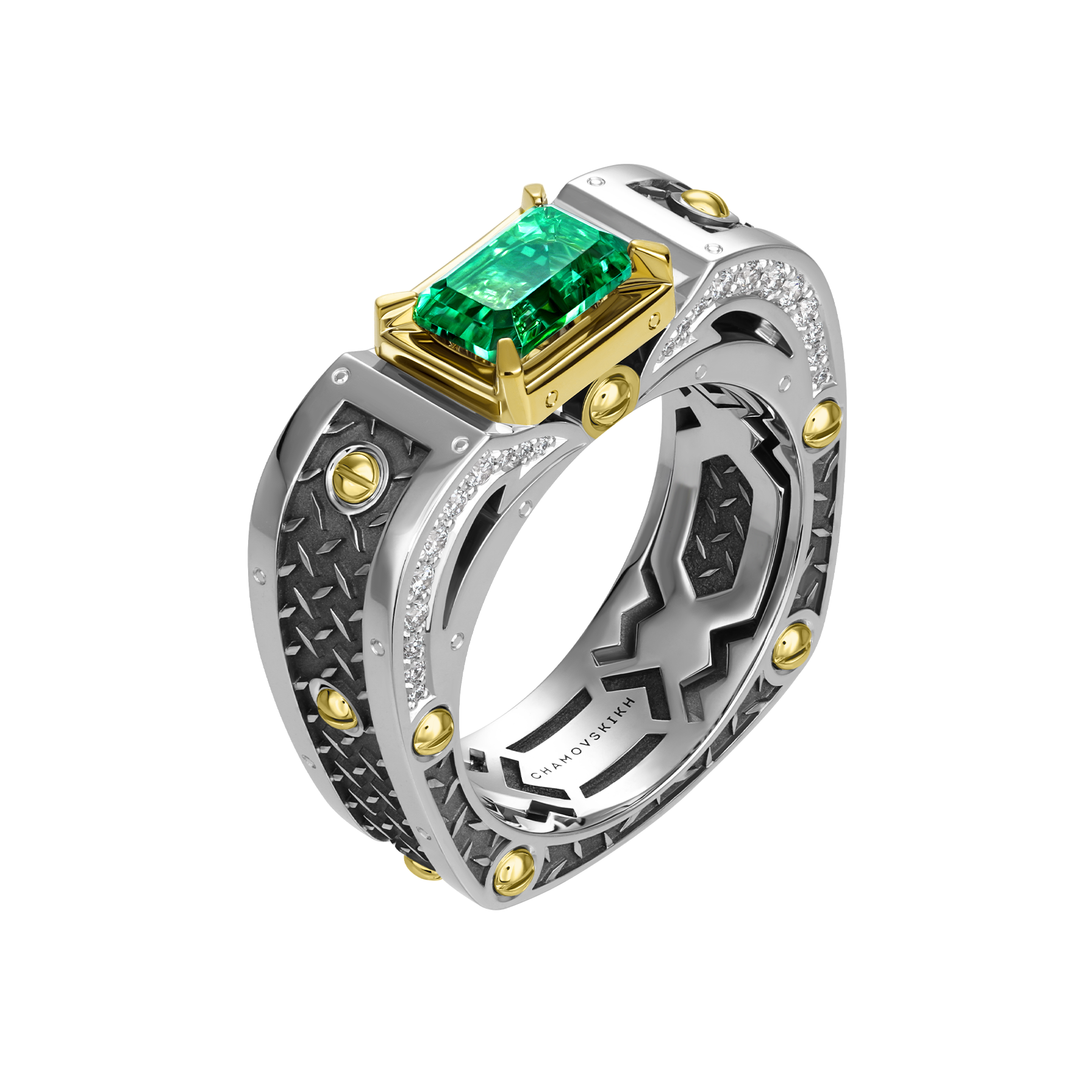 Кольцо с изумрудом и бриллиантами, белое и жёлтое золото