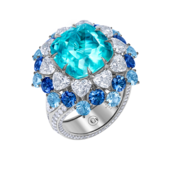 Кольцо с турмалином Параиба, бриллиантами, сапфирами и аквамаринами, белое золото