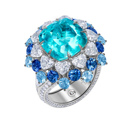 Кольцо с турмалином Параиба, бриллиантами, сапфирами и аквамаринами, белое золото 1