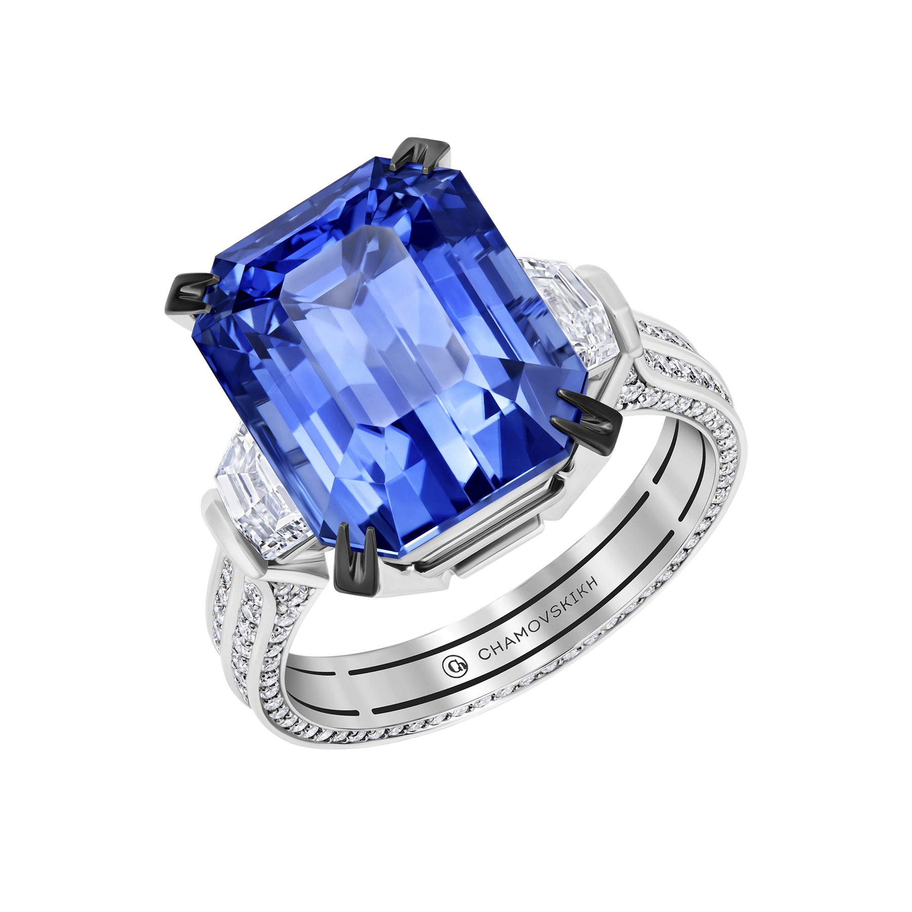 Кольцо с сапфиром и бриллиантами, белое золото