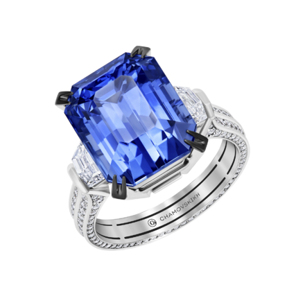 Кольцо с сапфиром и бриллиантами, белое золото 1