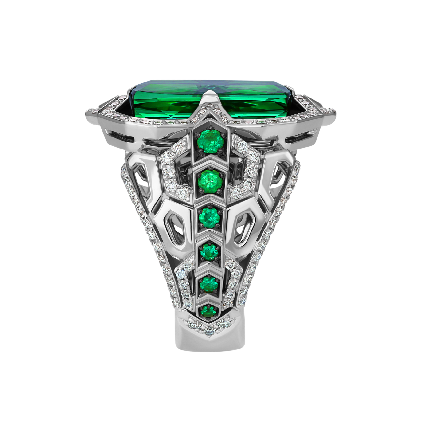Кольцо с турмалином верделит, бриллиантами и изумрудами, белое золото