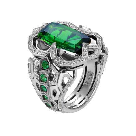 Кольцо с турмалином верделит, бриллиантами и изумрудами, белое золото 1