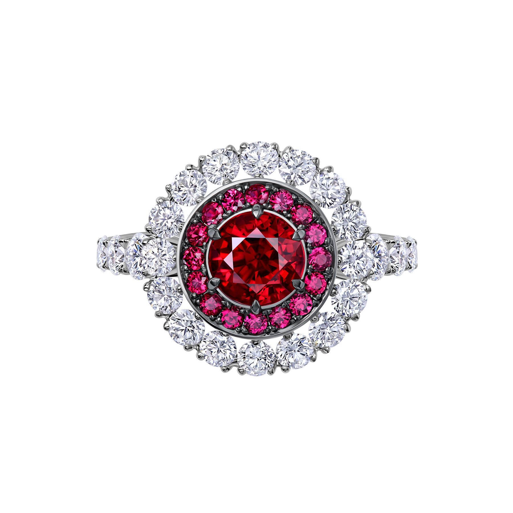 Кольцо с рубинами и бриллиантами, белое золото