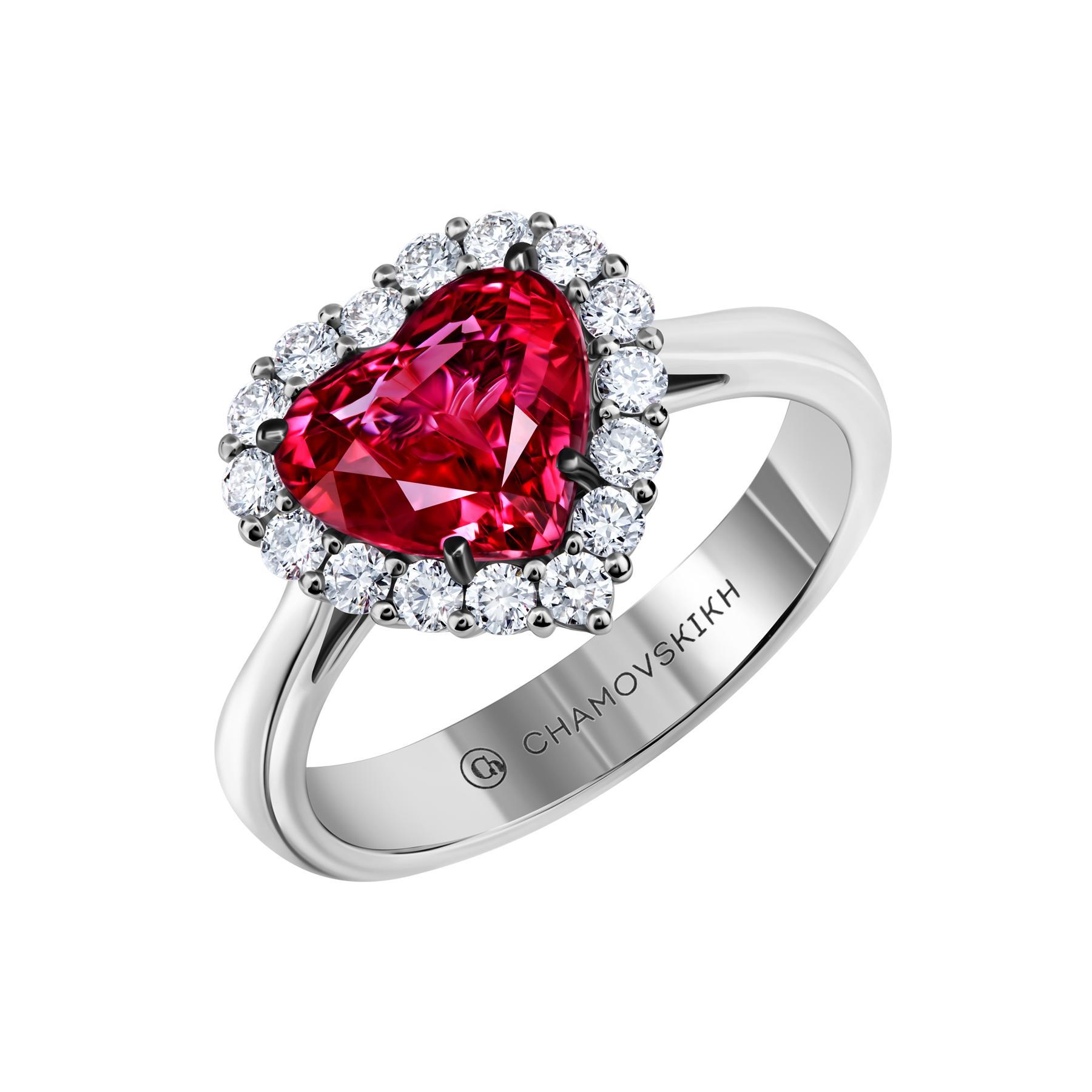 Кольцо с рубином и бриллиантами, белое золото
