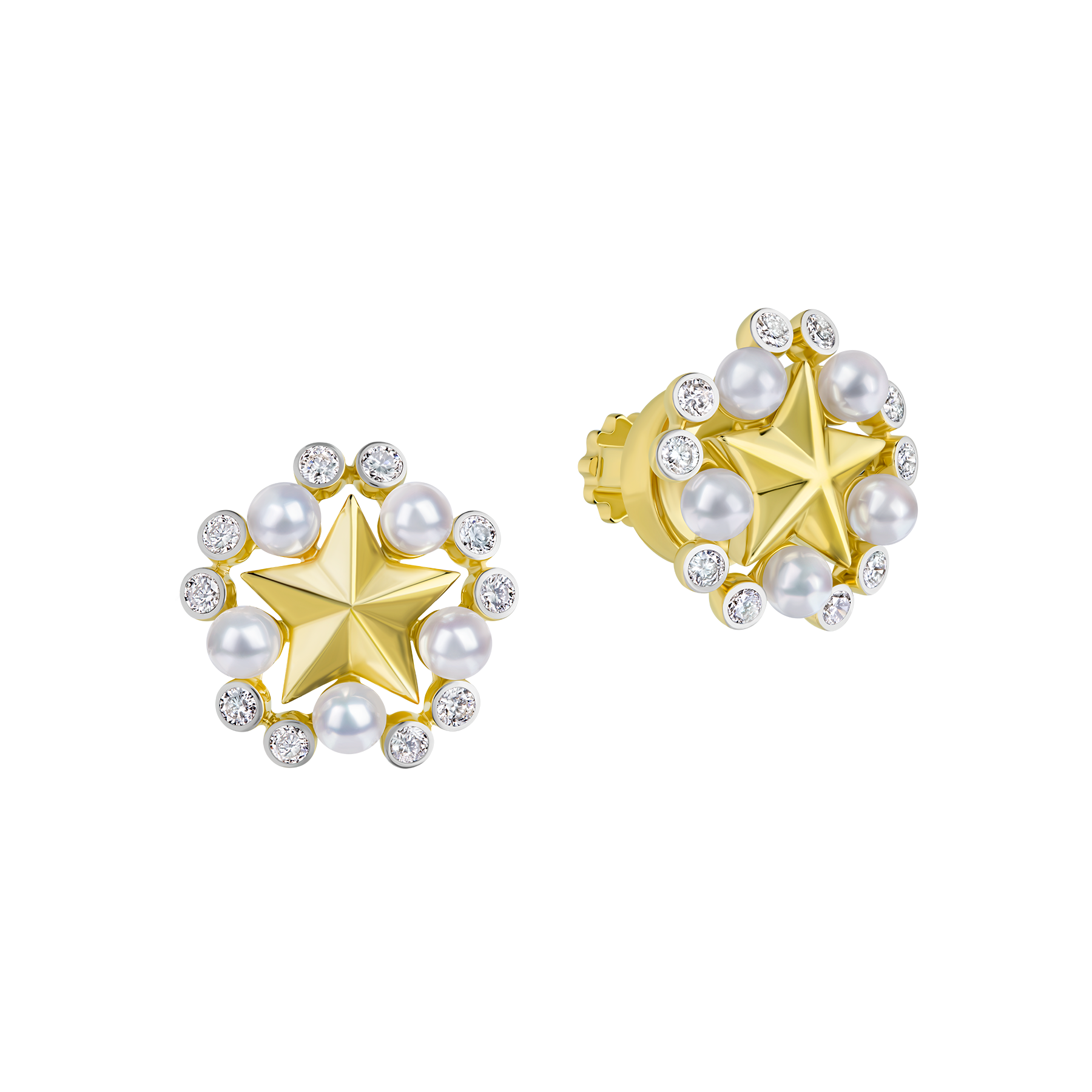 Пусеты с бриллиантами и жемчугом, желтое золото