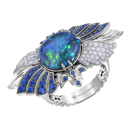 Кольцо с опалом, бриллиантами и сапфирами, белое золото 1