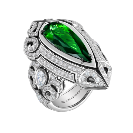 Кольцо с турмалином верделитом и бриллиантами, белое золото 1