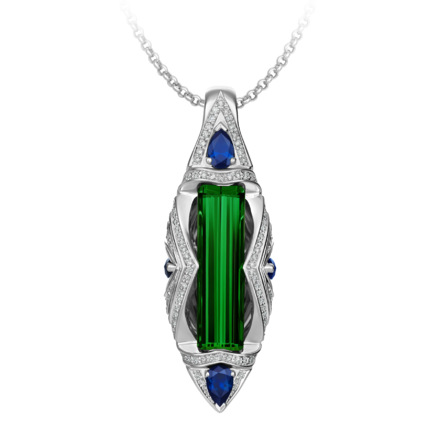 Подвес с турмалином верделит, бриллиантами и сапфирами, белое золото 1