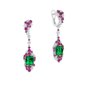 Серьги с верделитами, бриллиантами и рубинами, белое золото