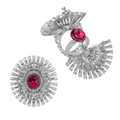 Кольцо с изумрудом, турмалином параиба, турмалином рубеллитом и бриллиантами, белое золото