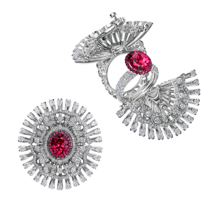 Кольцо с изумрудом, турмалином параиба, турмалином рубеллитом и бриллиантами, белое золото 4