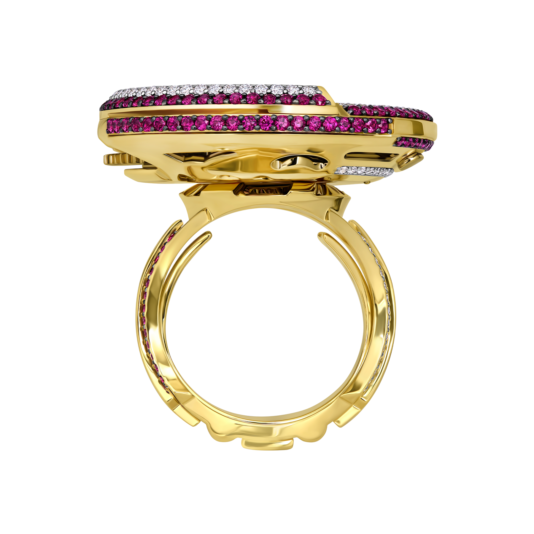 Кольцо с рубинами, бриллиантами и корундом, желтое золото