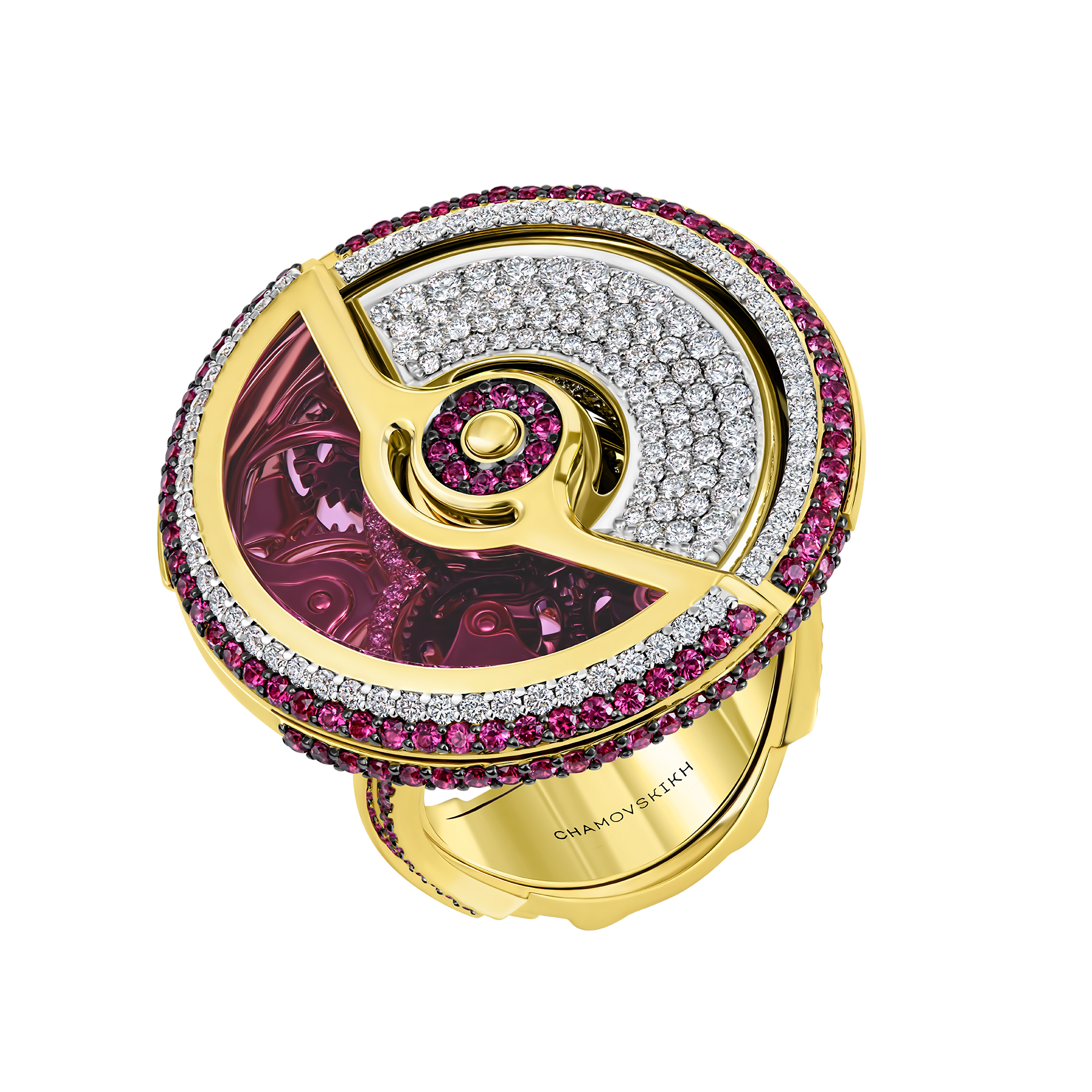 Кольцо с рубинами, бриллиантами и корундом, желтое золото