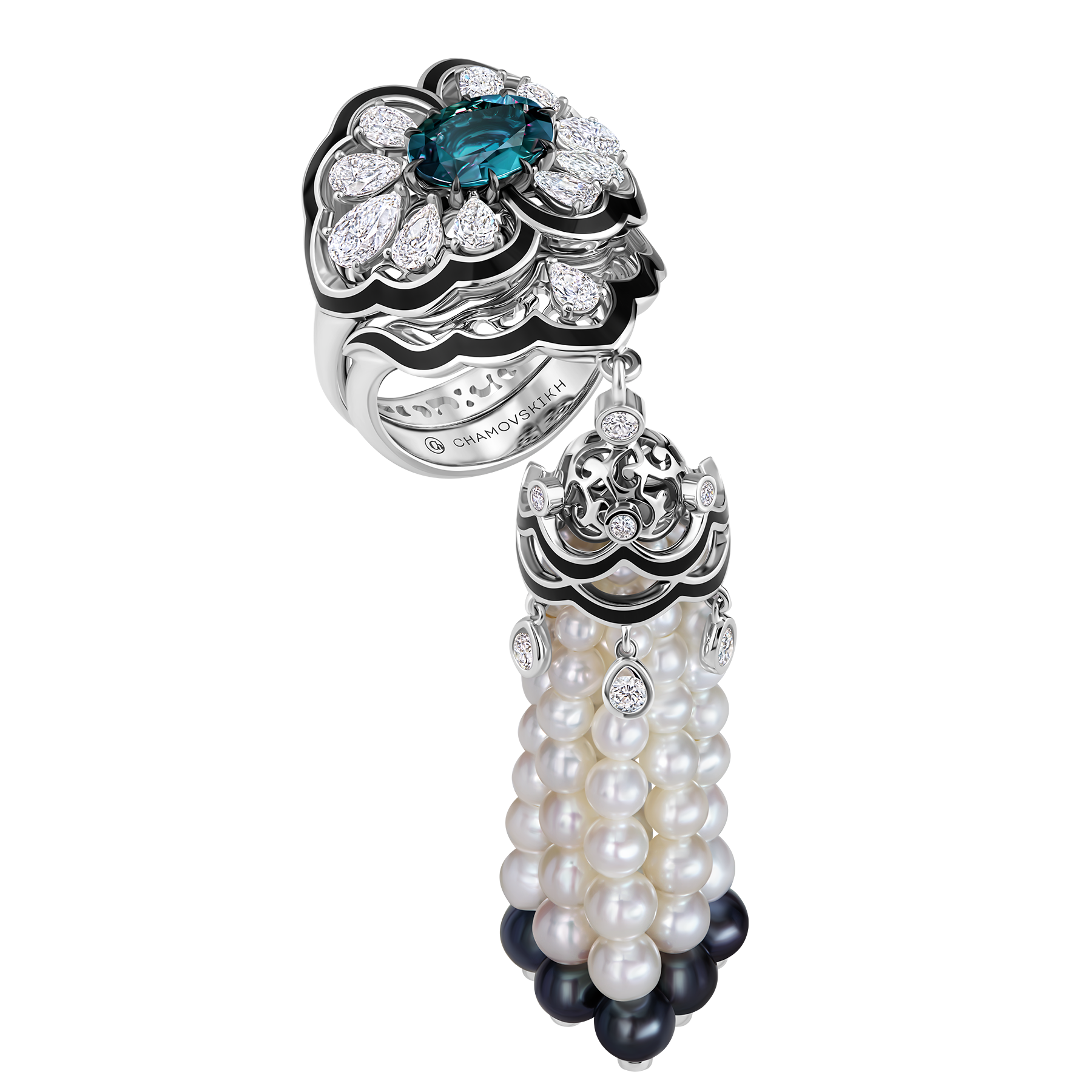 Кольцо с александритом, бриллиантами и жемчугом, белое золото