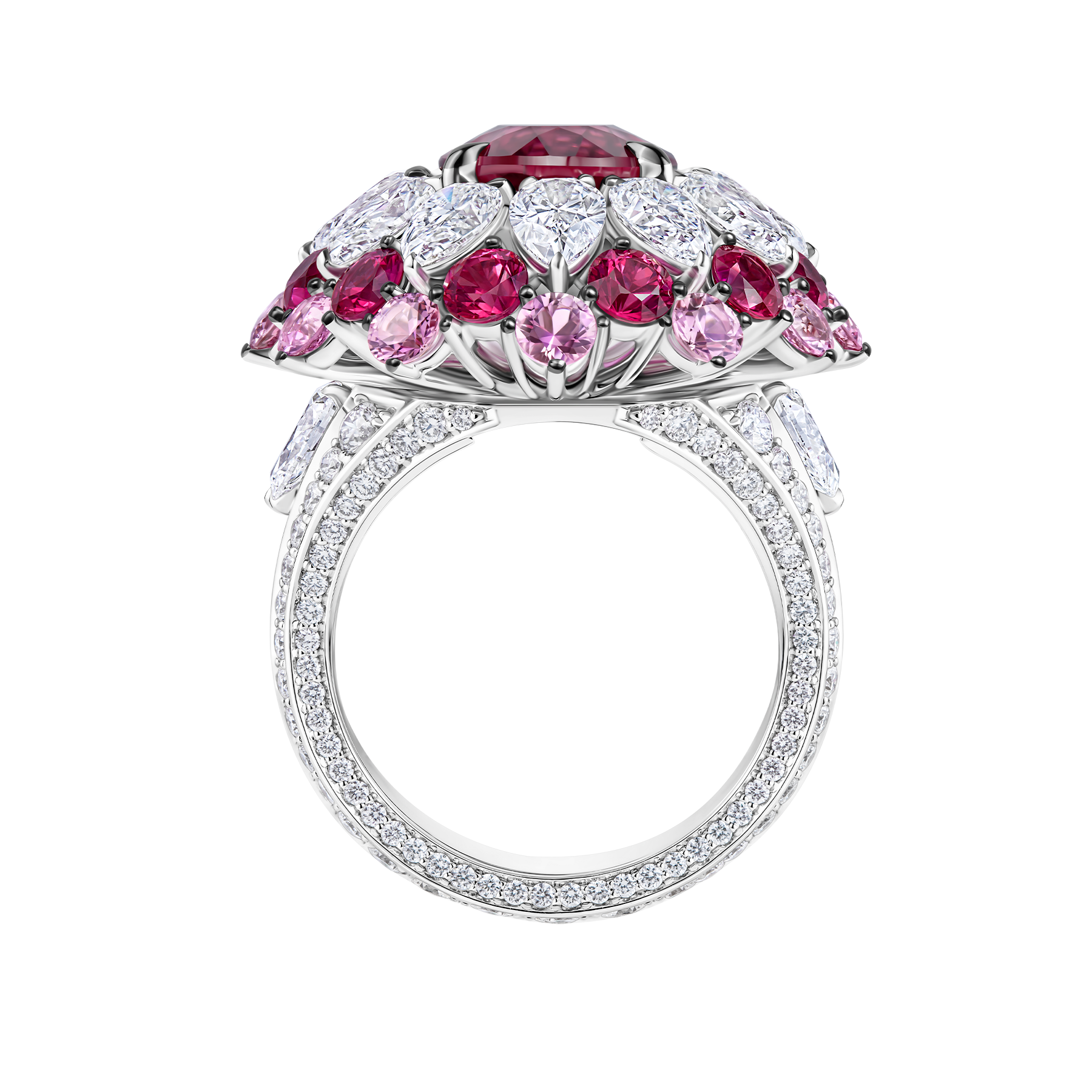 Кольцо с турмалином рубеллитом, рубинами, розовыми сапфирами и бриллиантами, белое золото