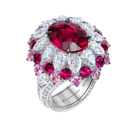 Кольцо с турмалином рубеллитом, рубинами, розовыми сапфирами и бриллиантами, белое золото 1