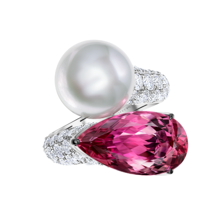 Кольцо с турмалином рубеллитом, жемчугом и бриллиантами, белое золото 2