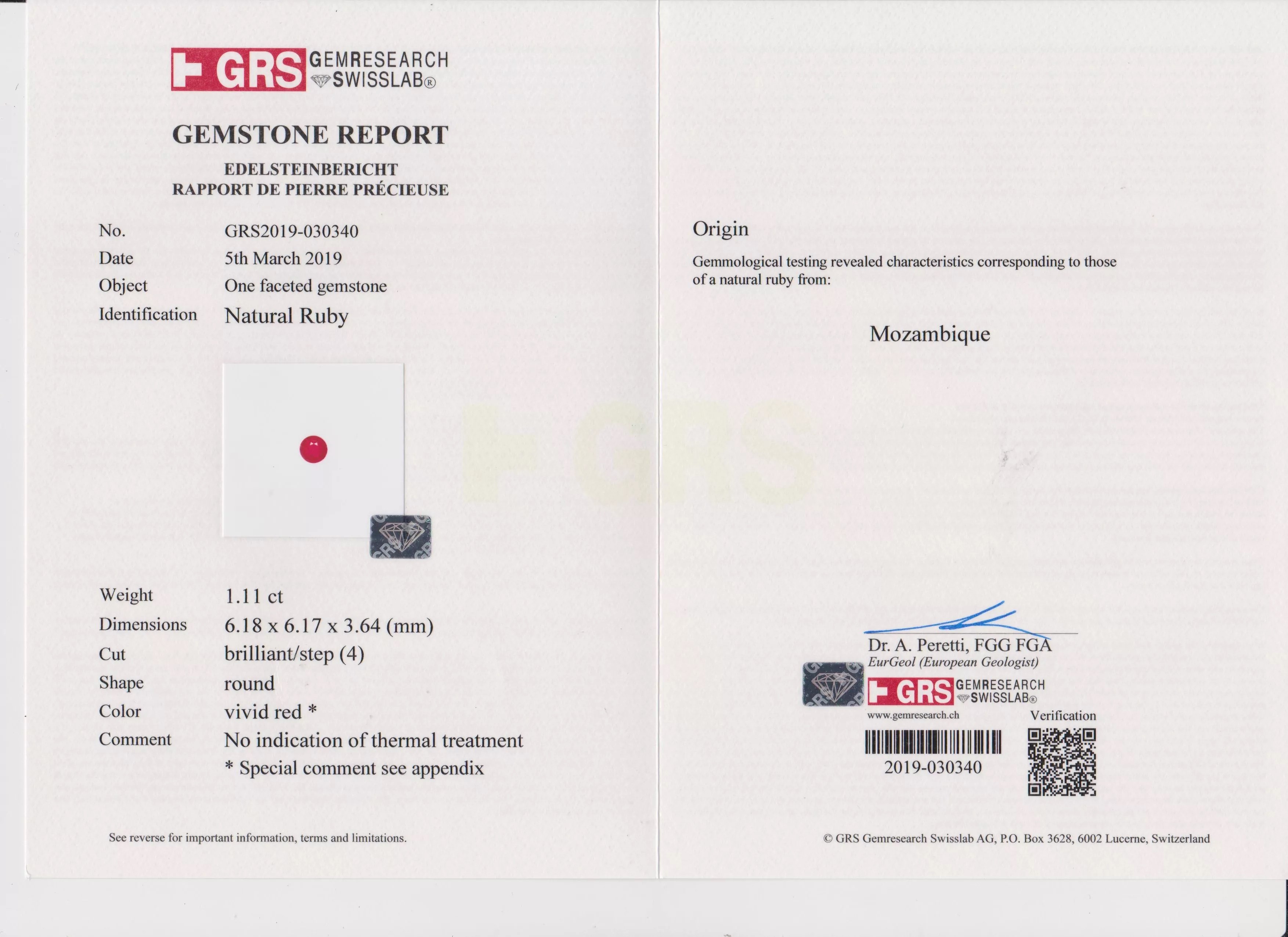 Рубин, MOZAMBIQUE, UNHEATED, круг, цвет Pigeon’s Blood, 1.11ct