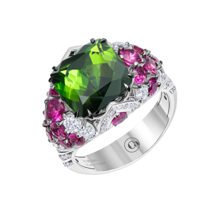 Кольцо с турмалином, бриллиантами и рубинами, белое золото 1