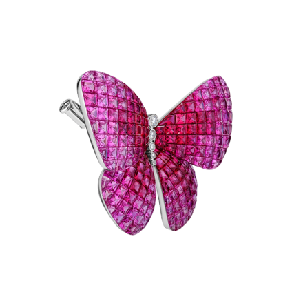 Брошь с рубинами, розовыми сапфирами и бриллиантами, белое золото 2