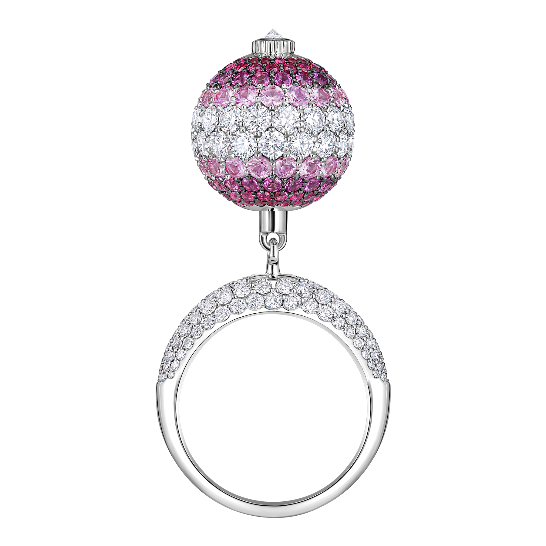 Кольцо с рубинами, розовыми сапфирами и бриллиантами, белое золото