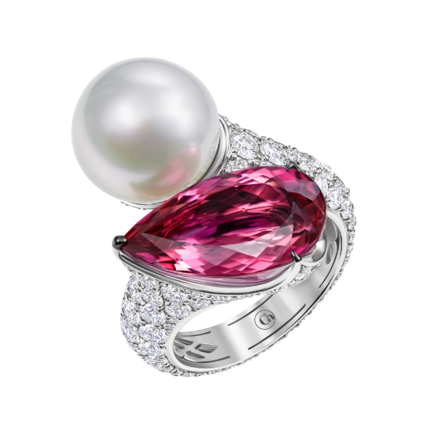 Кольцо с турмалином рубеллитом, жемчугом и бриллиантами, белое золото 1