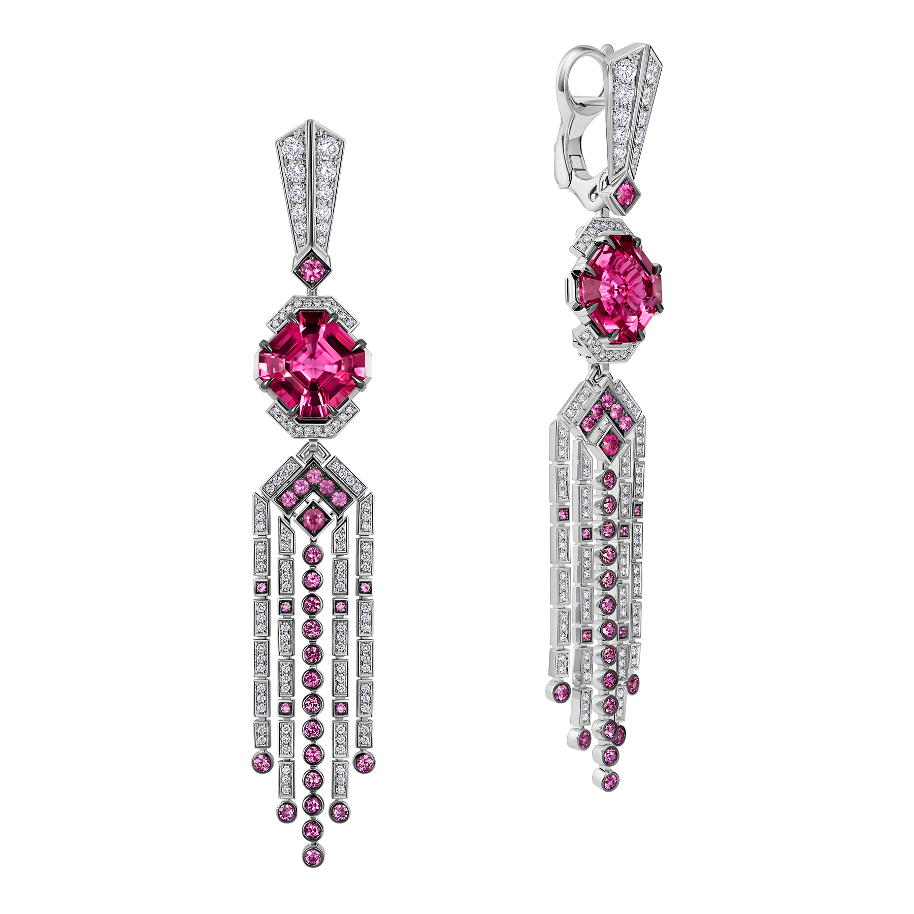 Серьги с турмалинами рубеллитами, розовыми сапфирами, рубинами и бриллиантами, белое золото