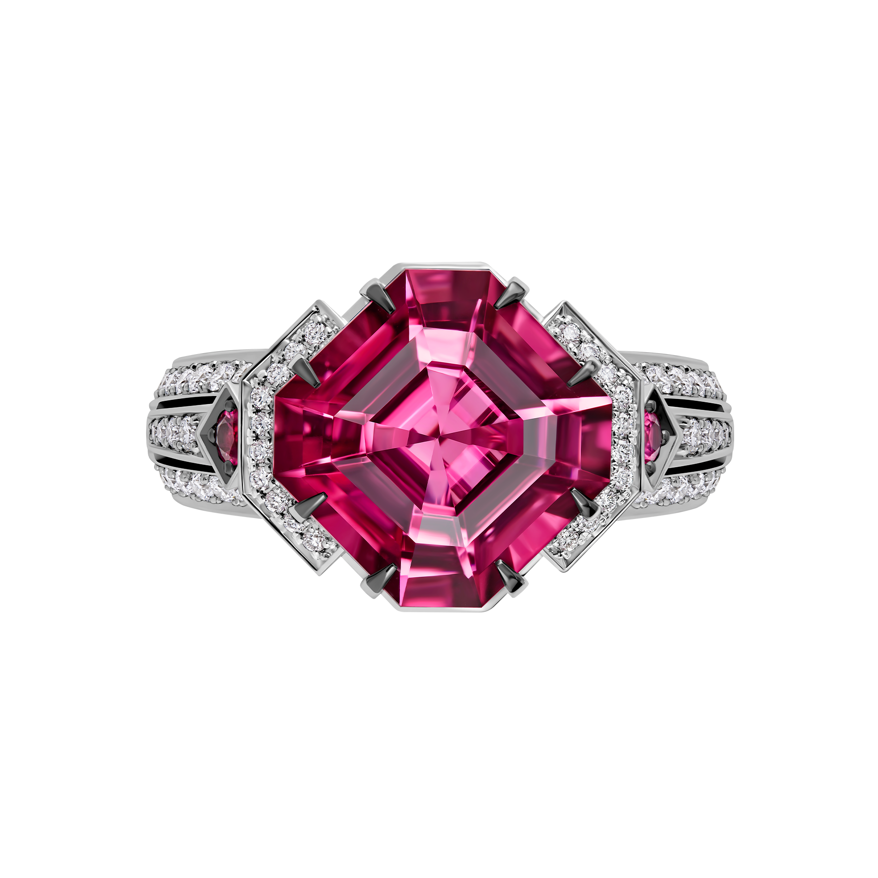 Кольцо с турмалином рубеллитом, рубинами и бриллиантами, белое золото