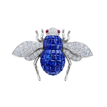 Брошь с сапфирами, рубинами и бриллиантами, белое золото 1