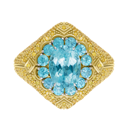 Кольцо с турмалинами параиба и бриллиантами, желтое и белое золото 2