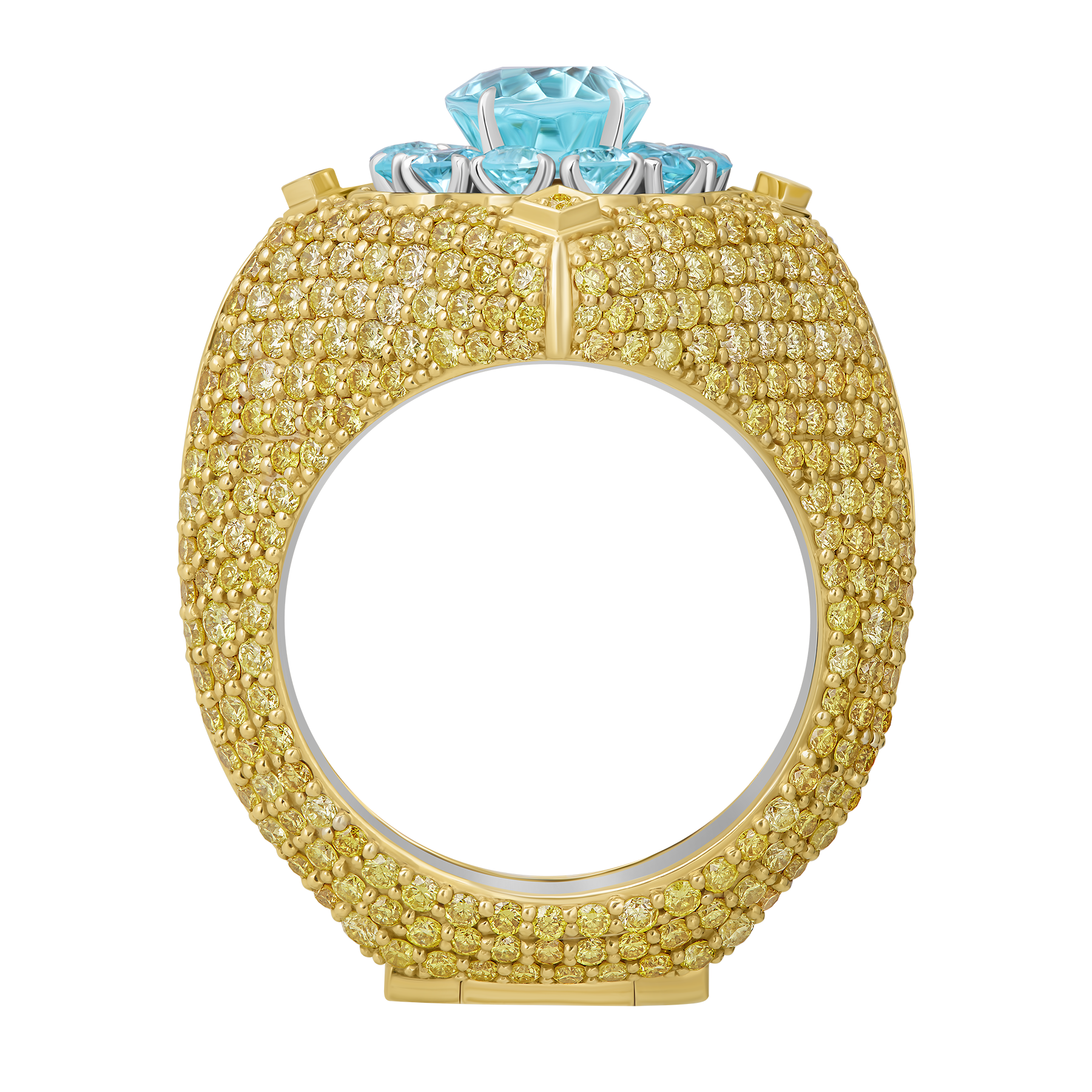 Кольцо с турмалинами параиба и бриллиантами, желтое и белое золото