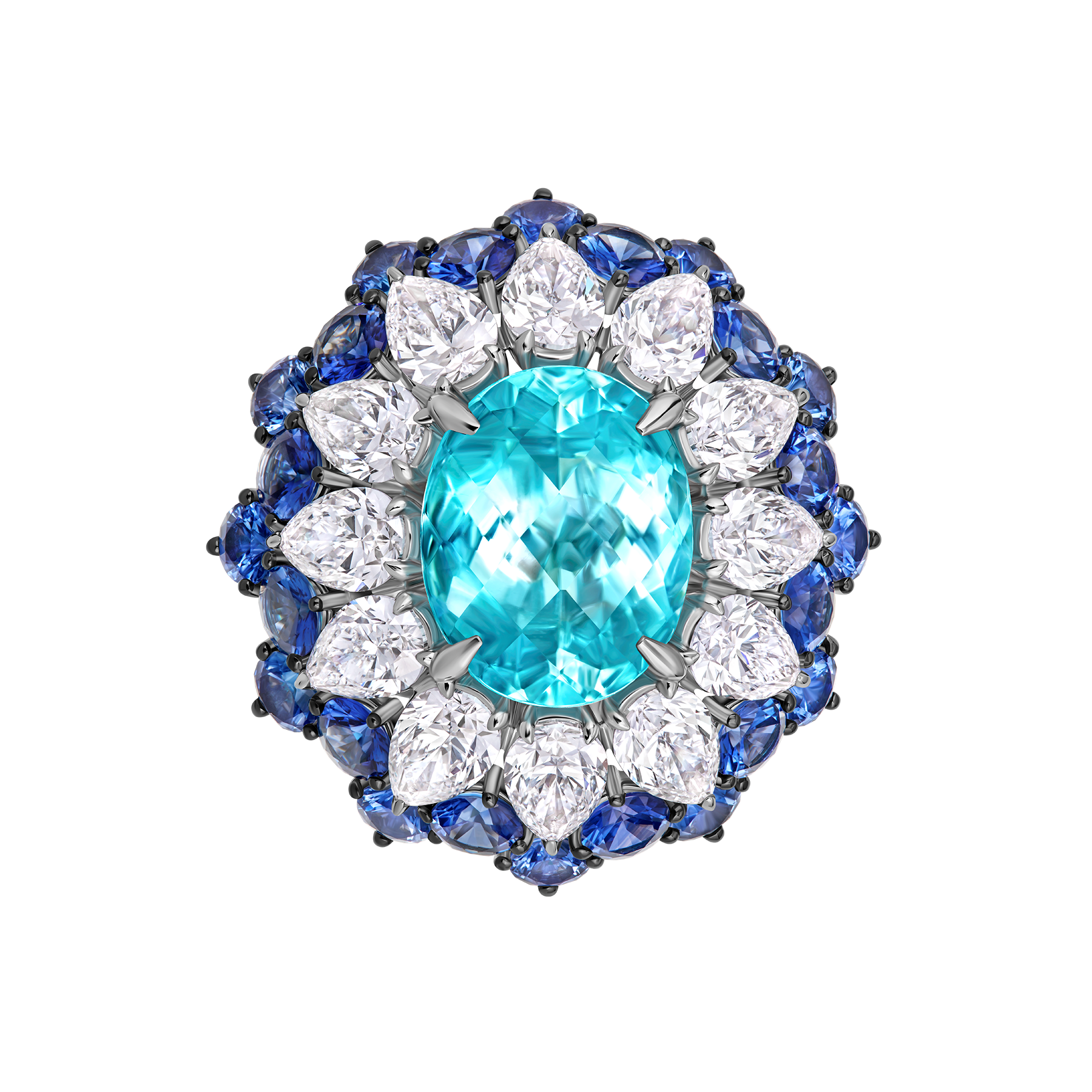 Кольцо с турмалином параибой, сапфирами и бриллиантами, белое золото