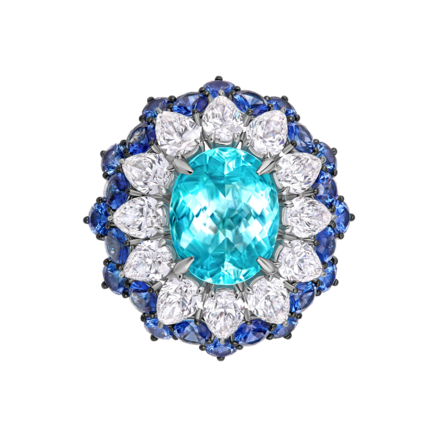 Кольцо с турмалином параибой, сапфирами и бриллиантами, белое золото 2