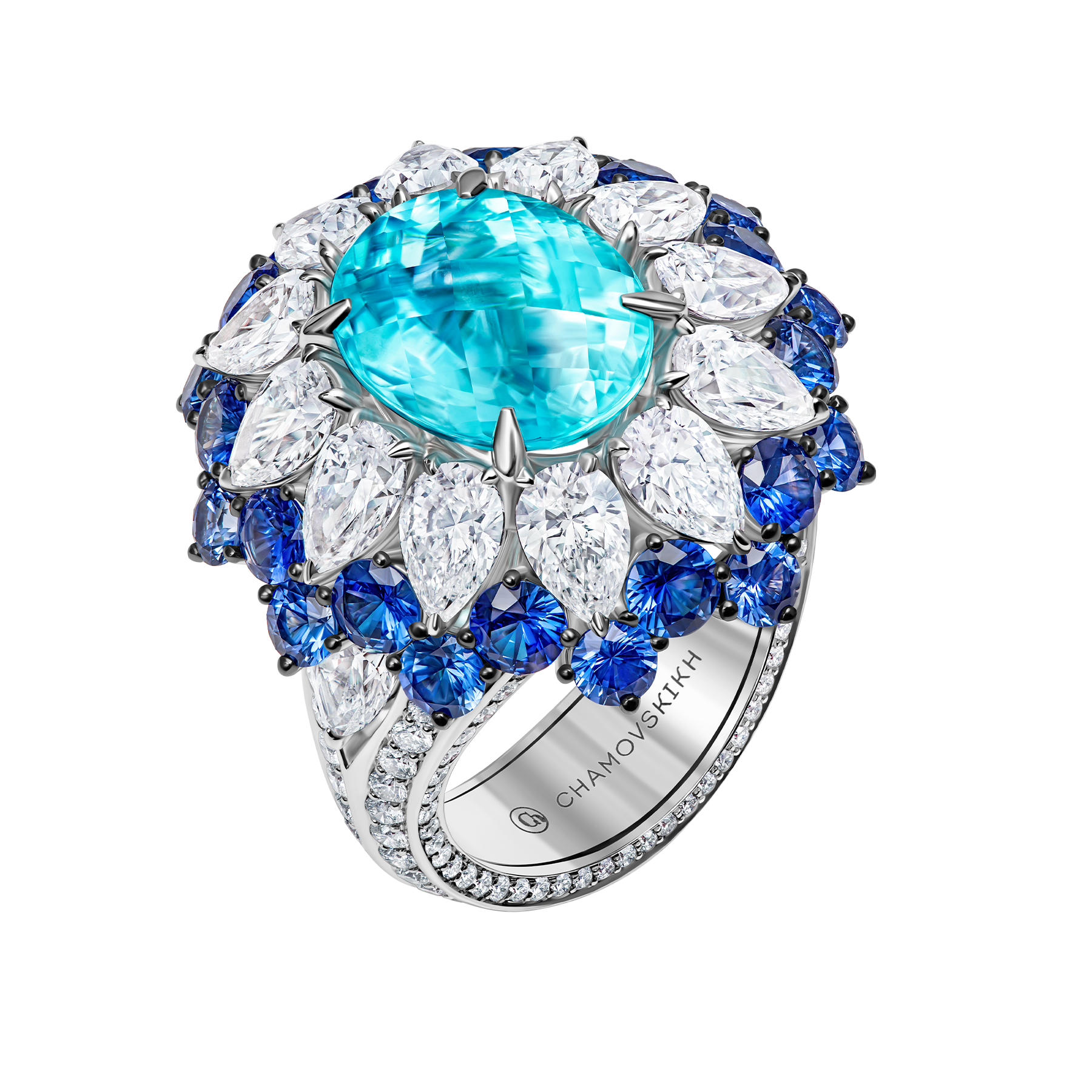 Кольцо с турмалином параибой, сапфирами и бриллиантами, белое золото