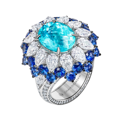 Кольцо с турмалином параибой, сапфирами и бриллиантами, белое золото 1