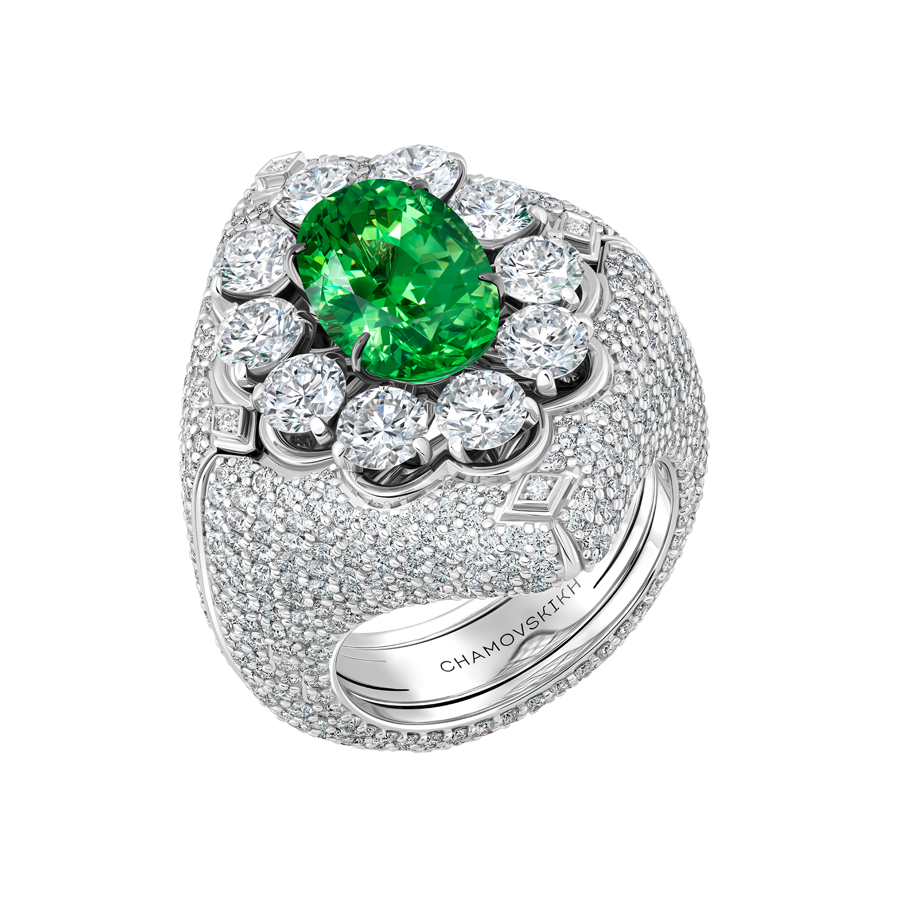 Кольцо с тсаворитом и бриллиантами, белое золото