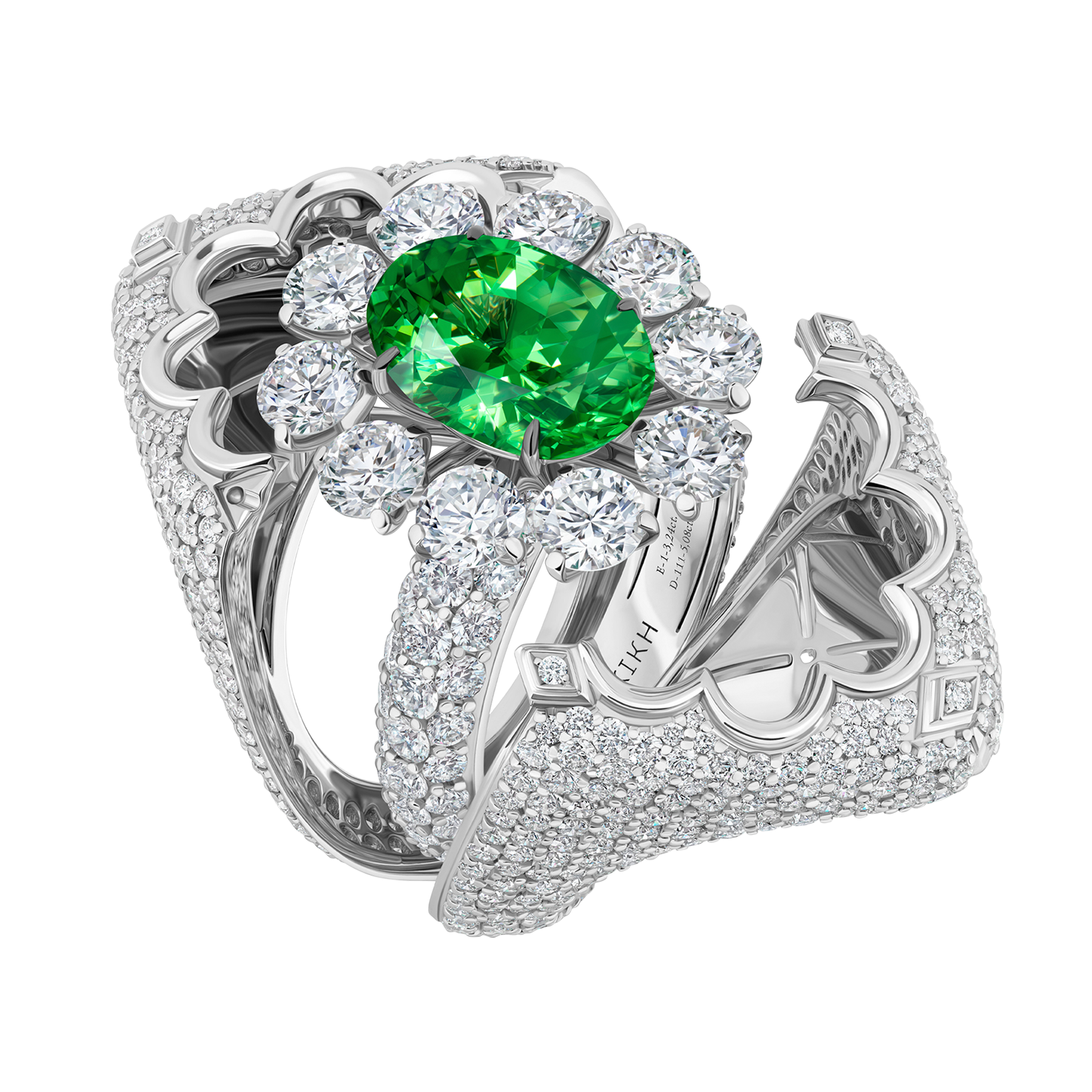 Кольцо с тсаворитом и бриллиантами, белое золото