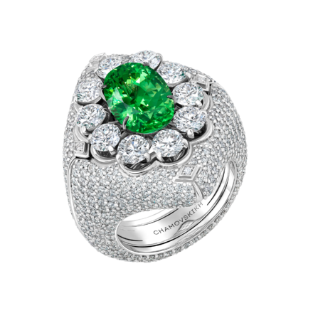 Кольцо с тсаворитом и бриллиантами, белое золото 1