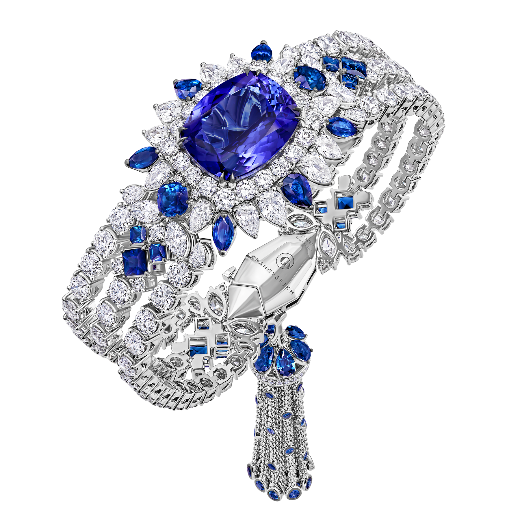 Браслет с танзанитами, бриллиантами и сапфирами, белое золото