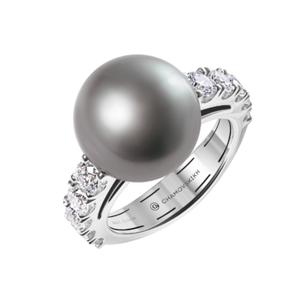 Кольцо с бриллиантами и жемчугом, белое золото 1