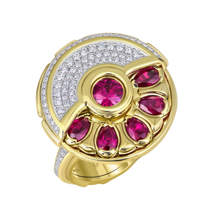 Кольцо с рубинами и бриллиантами, желтое золото 1