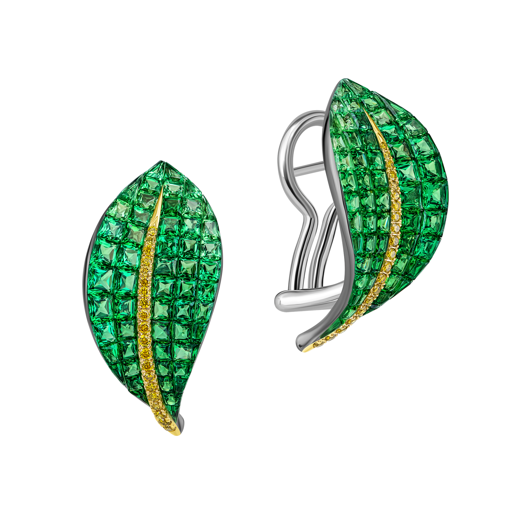 Серьги с тсаворитами и желтыми бриллиантами, белое золото