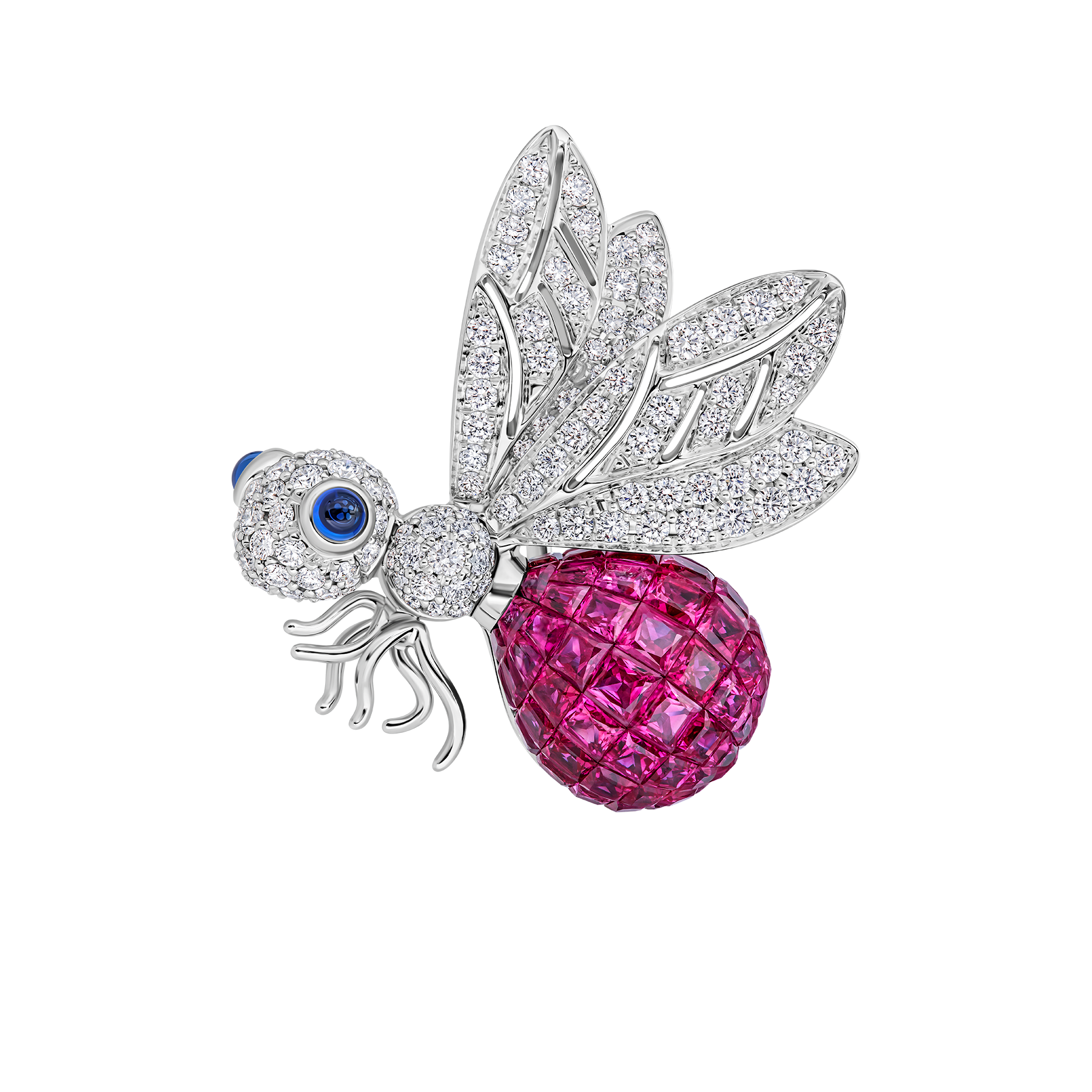 Брошь с рубинами, сапфирами и бриллиантами, белое золото