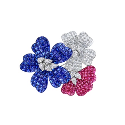 Брошь с рубинами, сапфирами и бриллиантами, белое золото 1
