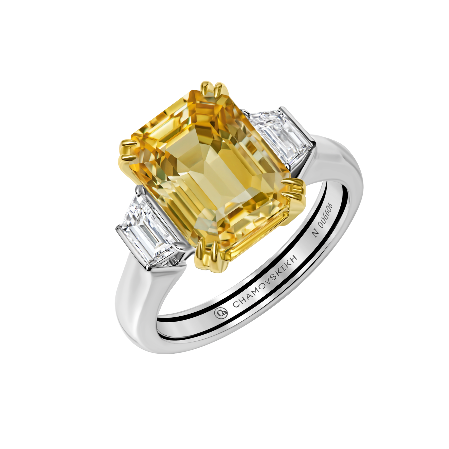 Кольцо с желтым сапфиром и бриллиантами, белое золото
