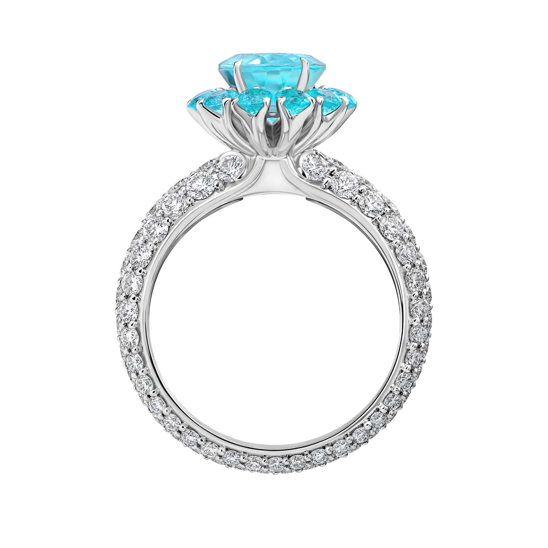 Кольцо с турмалином параибой и бриллиантами, белое золото