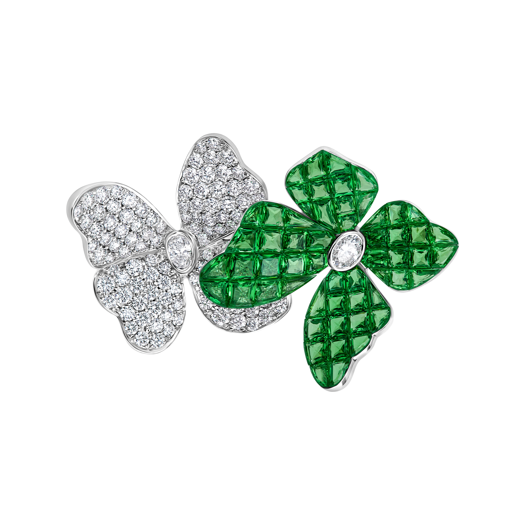 Кольцо с тсаворитами и бриллиантами, белое золото