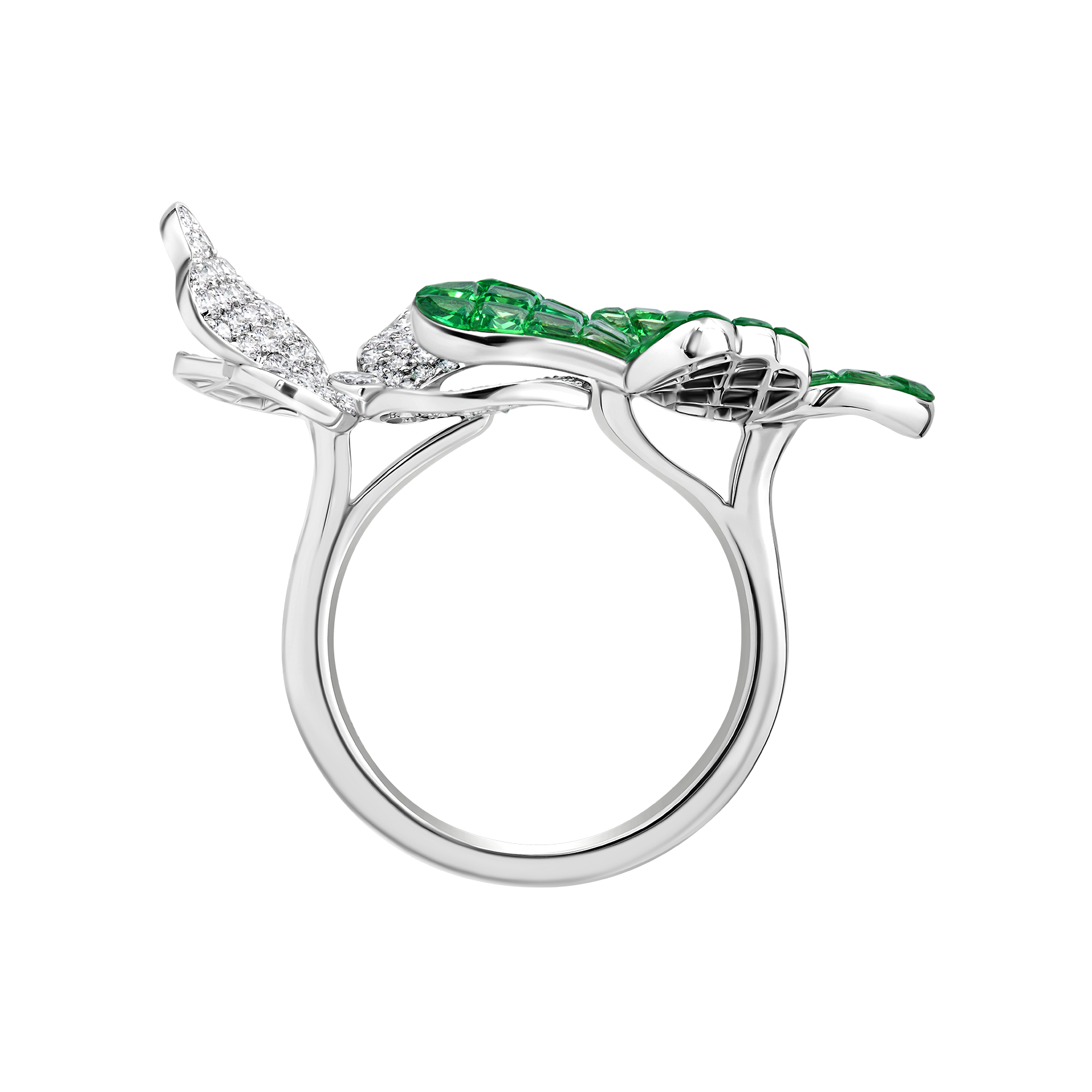 Кольцо с тсаворитами и бриллиантами, белое золото